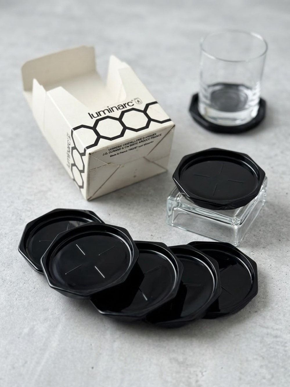 Vintage Luminarc Black Octagon Glass Coasters Set of 6 - France 1980s